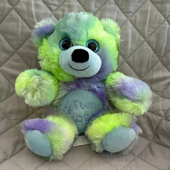 Bear Plush Toy Get Well Soon Bear Stuffed Animal 8" Blue Green Neon Purple - Picture 1 of 6